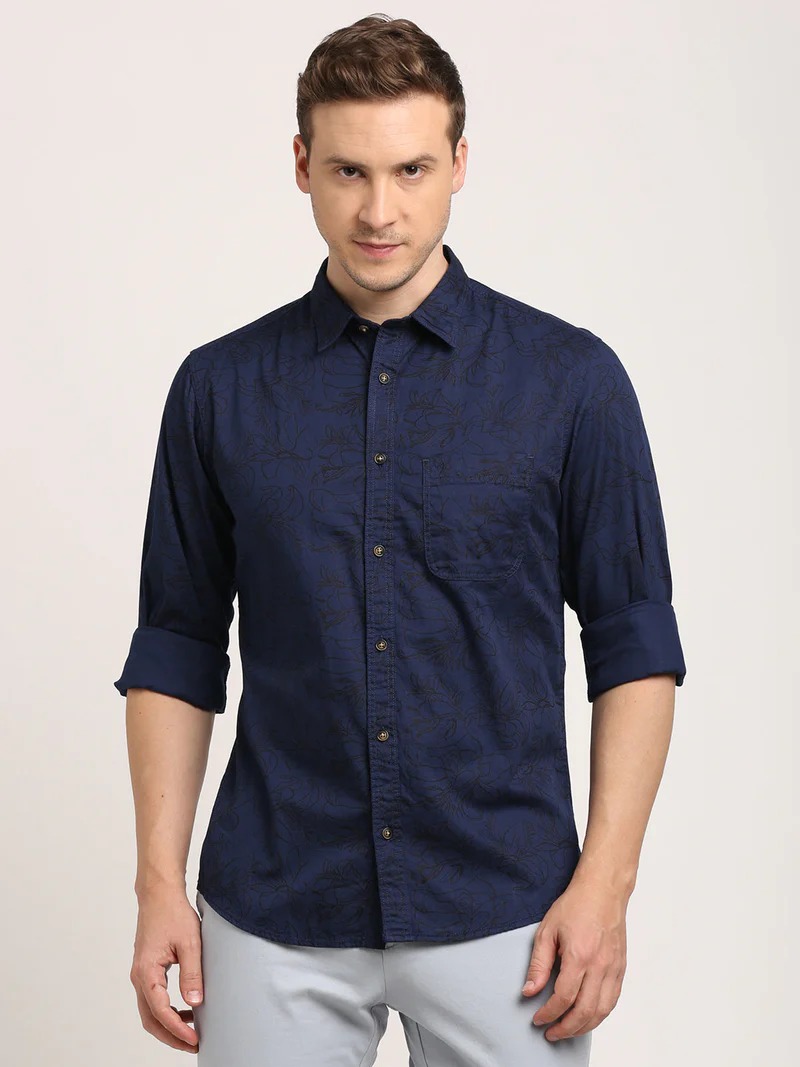 Indian Terrain Men's Slim Fit Full Sleeve Printed Dark Blue Shirt